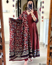 Red Handblock printed cotton Anarkali kurti set with dupatta

