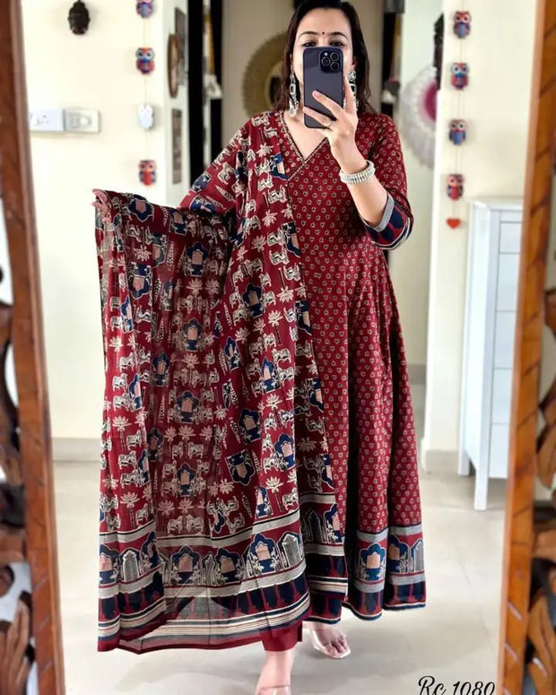 Red Handblock printed cotton Anarkali kurti set with dupatta

