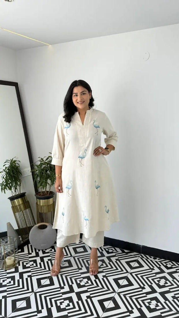 A-line cotton kurti with hand block print and rayon plazo

