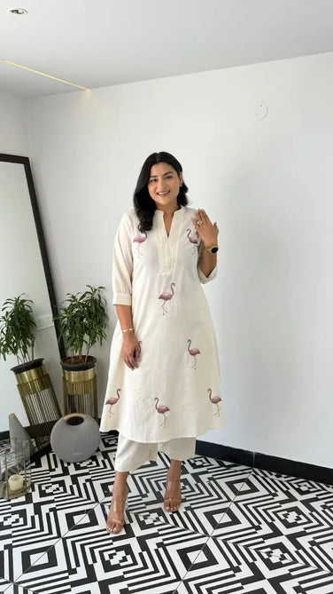 kurti and pant set with fabric texture visible

