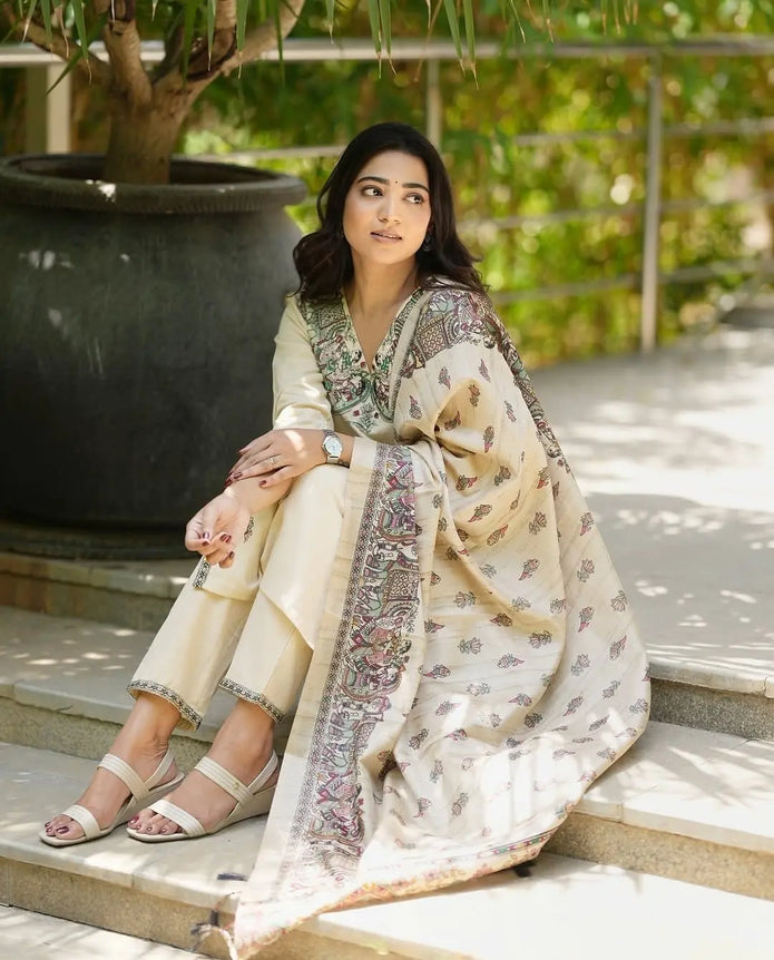 Handloom cotton kurta set with khadi silk dupatta for festive wear

