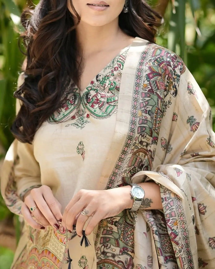 Machine thread work on cotton kurta front and pant

