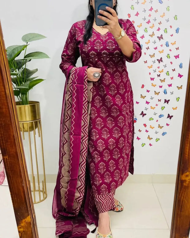 Ethnic heavy cotton suit with embroidery and dupatta

