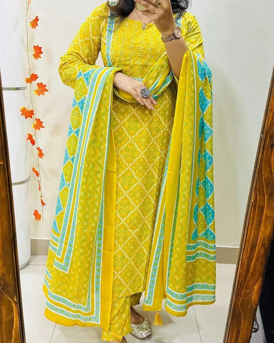 Heavy cotton kurti pant dupatta set with neck handwork

