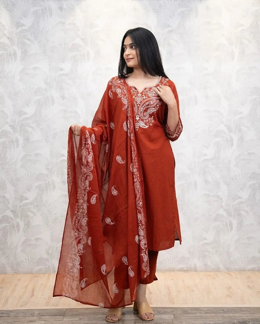 Heavy cotton kurti with embroidered neckline and matching pant

