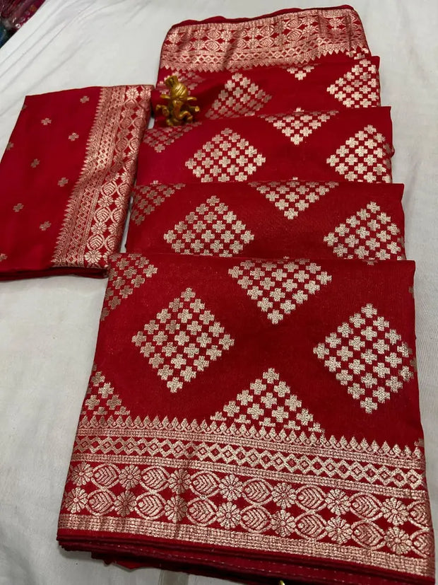 Karwa Chauth red saree in Nylon Dola silk with zari weaving