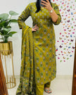 Full front view of heavy cotton kurti pant dupatta set

