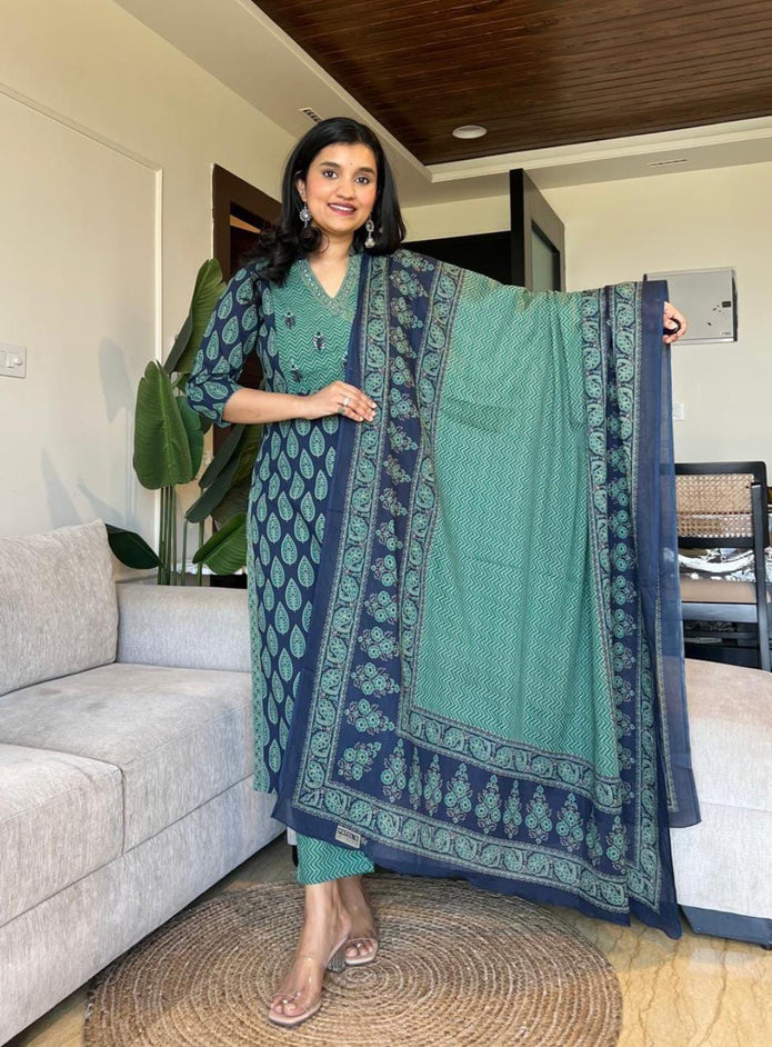Falak Handcrafted Azrak Cotton Suit Set