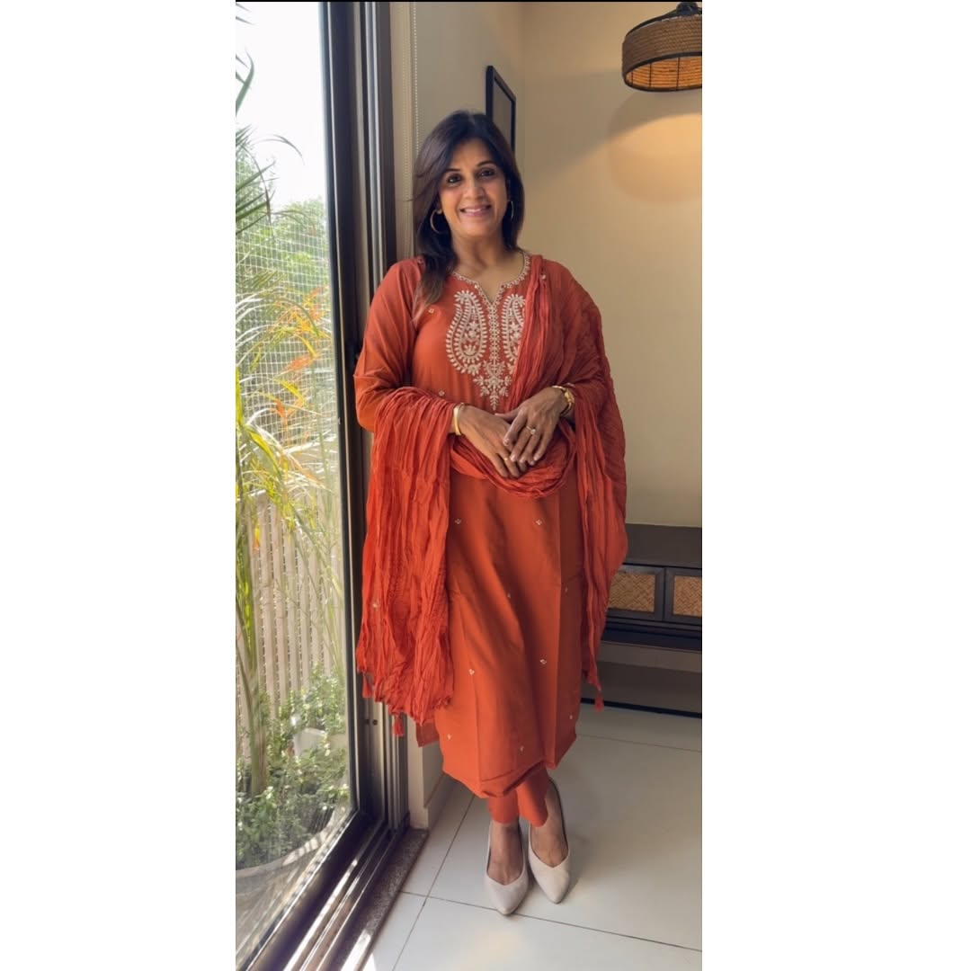 Rust orange chikankari cotton suit set with embroidered dupatta

