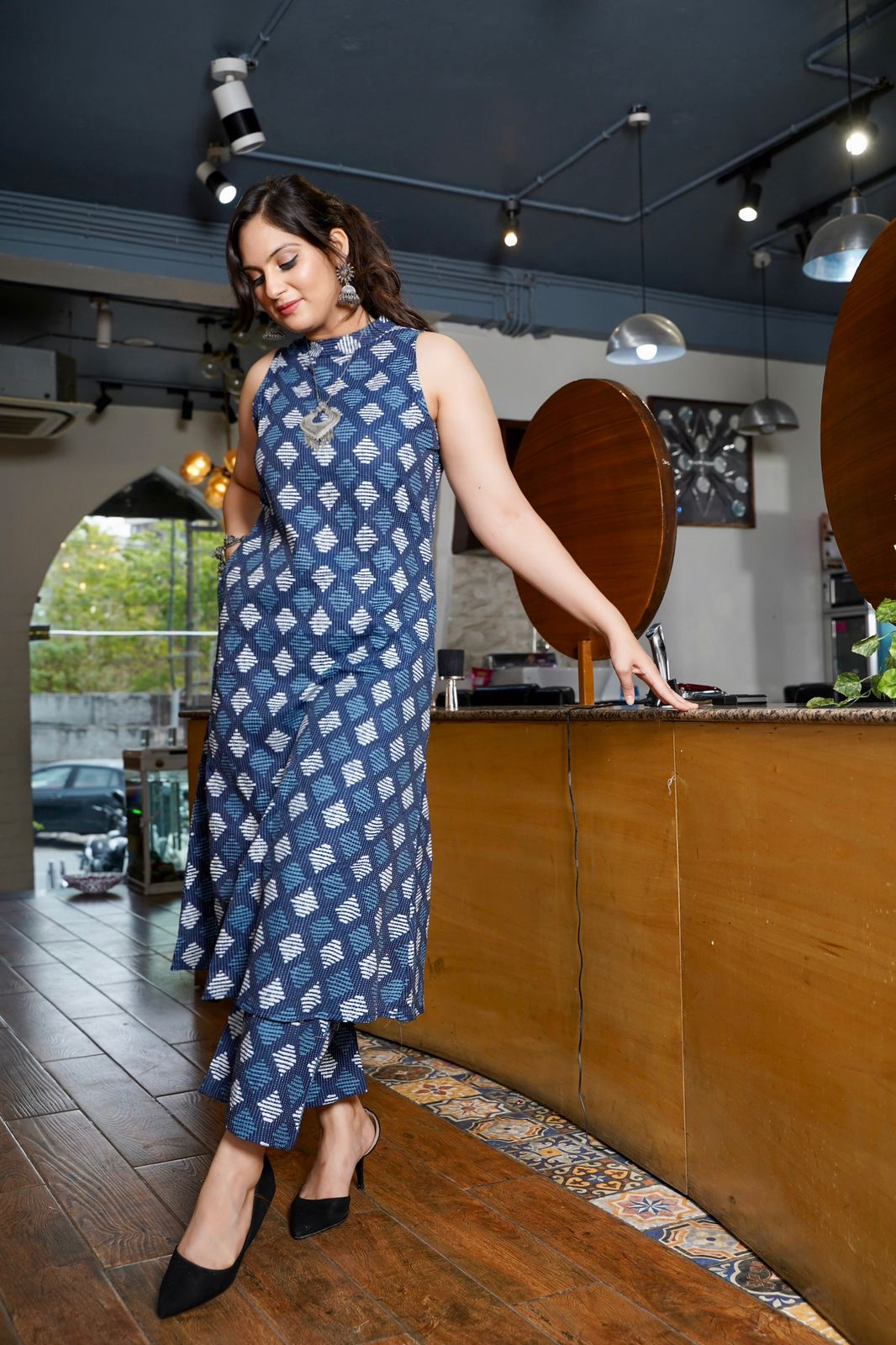 Front pose in cotton A-line kurta set with plazo

