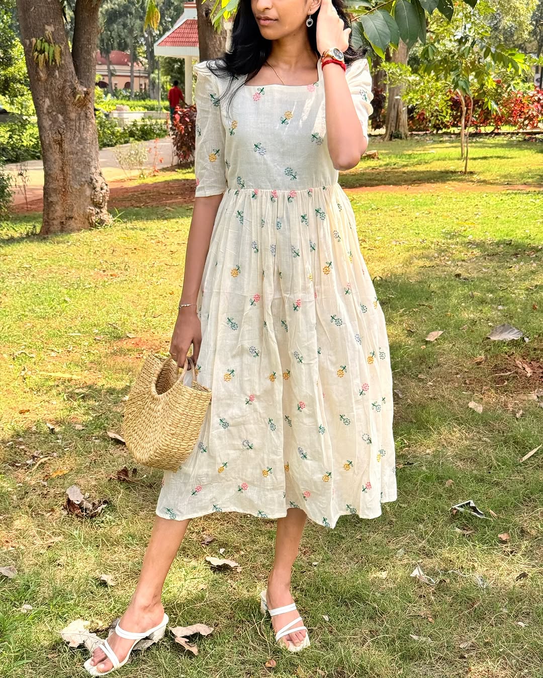 Ivana White Embroidered Cotton Midi Dress with Puff Sleeves