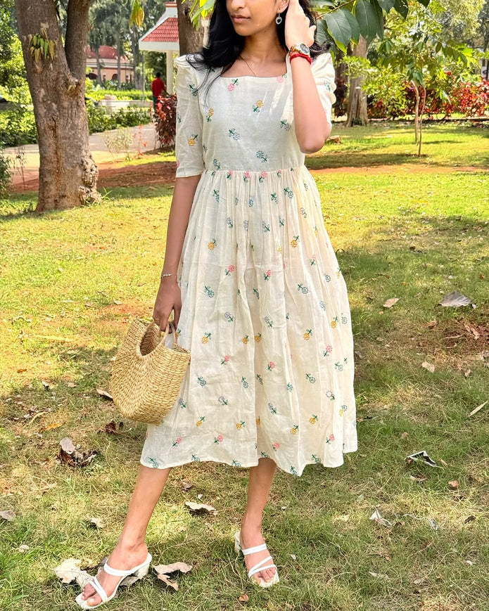 Ivana White Embroidered Cotton Midi Dress with Puff Sleeves
