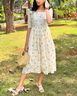 Ivana White Embroidered Cotton Midi Dress with Puff Sleeves
