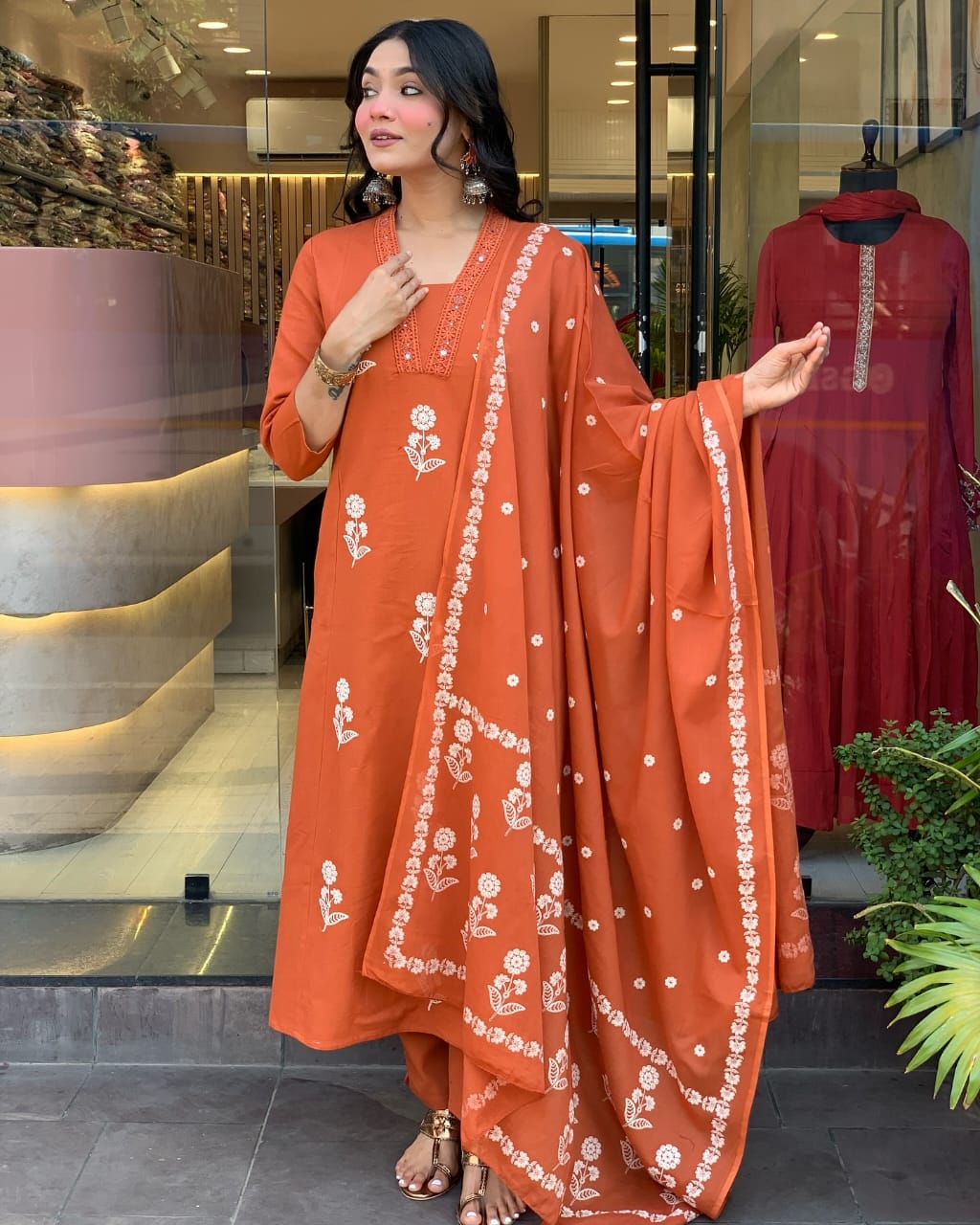 orange kurti hand embroidery with lace detailing