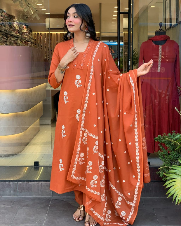 orange kurti hand embroidery with lace detailing