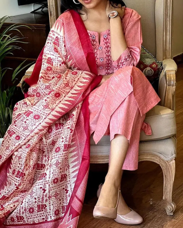 Khadi cotton embroidery suit set with khadi silk dupatta – front view

