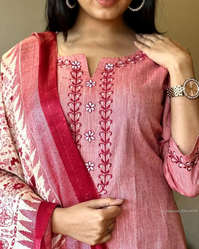 South cotton handloom kurta set with embroidery and dupatta

