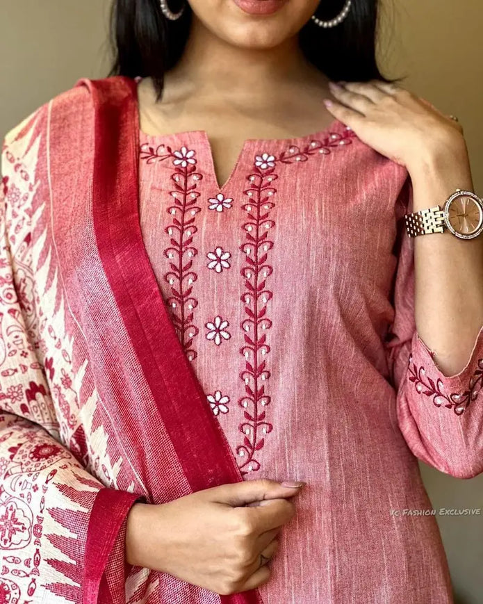 South cotton handloom kurta set with embroidery and dupatta

