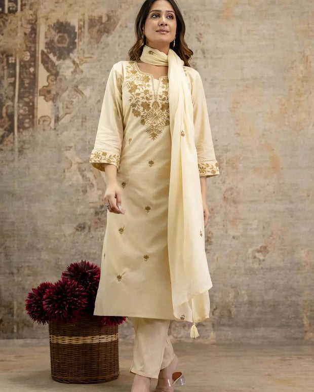 khadi cotton suit front view with embroidery