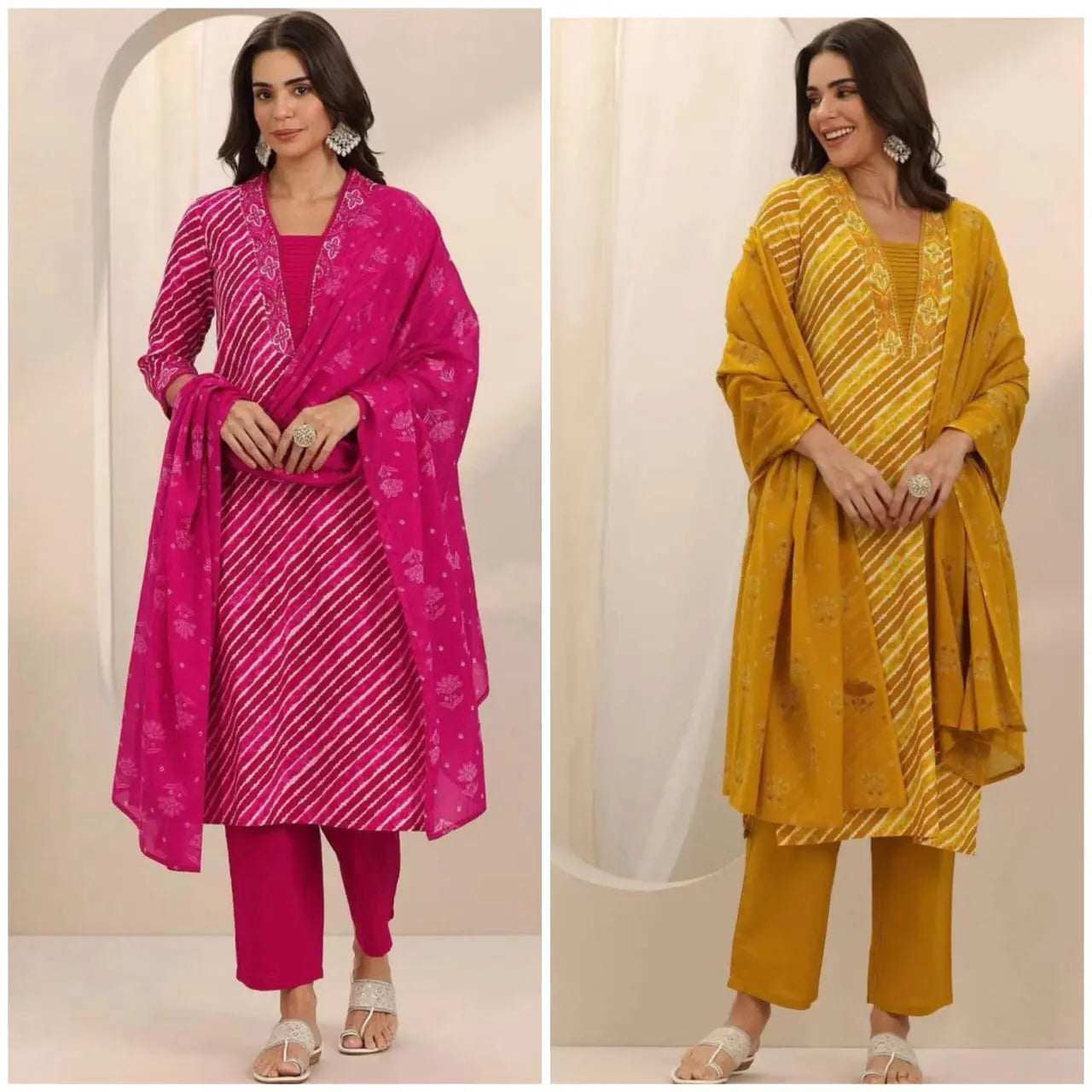 Embroidered neckline on laheriya print cotton kurti

