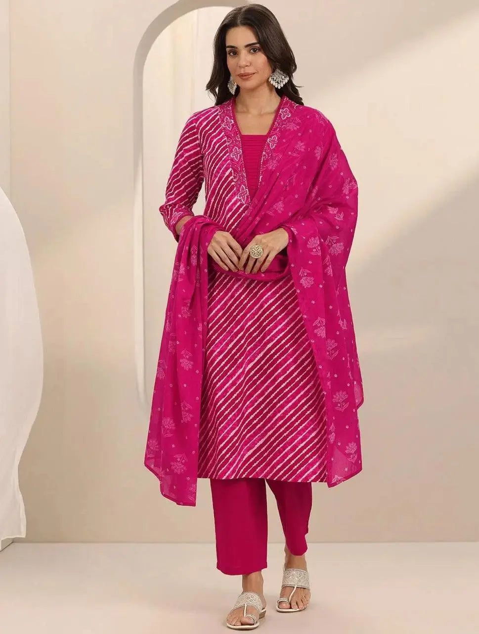 Full stitched kurti pant set with cotton dupatta – side pose

