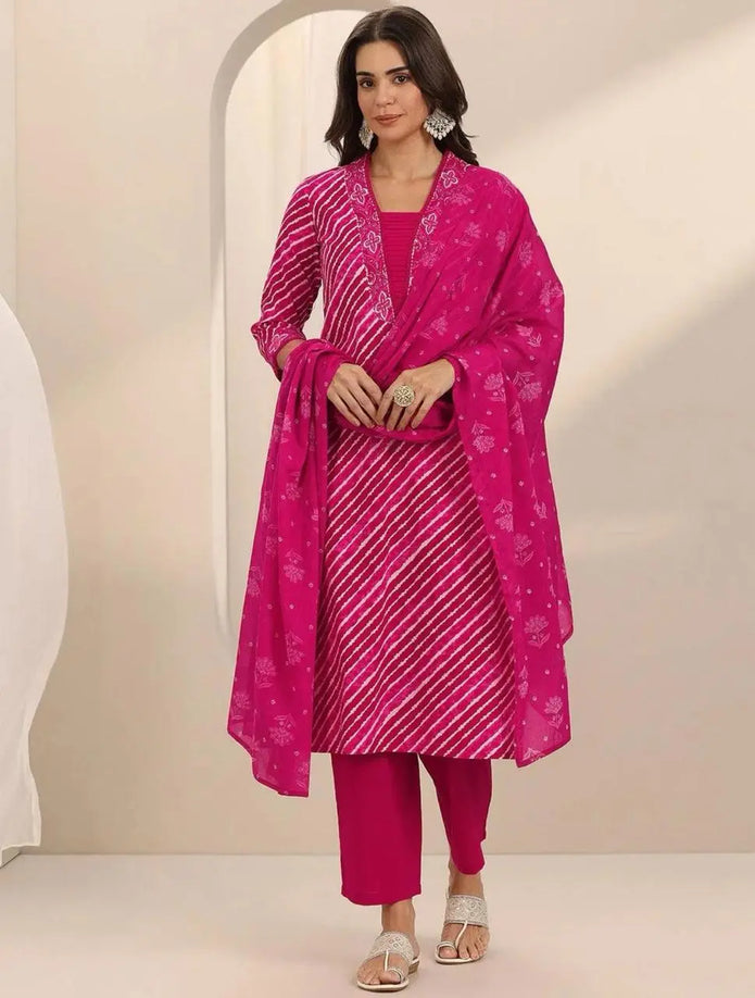 Full stitched kurti pant set with cotton dupatta – side pose

