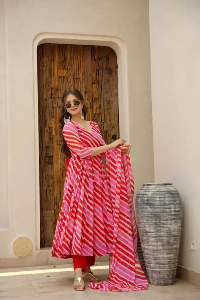 Leheriya cotton anarkali suit set with tassel dori

