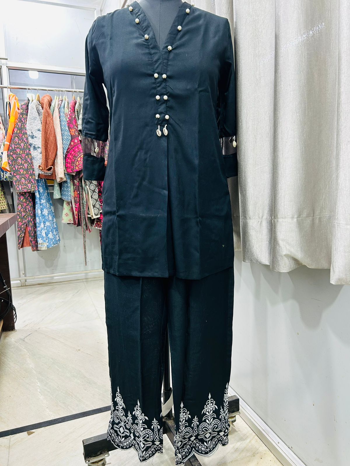 Maabetii Black Embroider V Neck Rayon Kurta Pants Coord Set