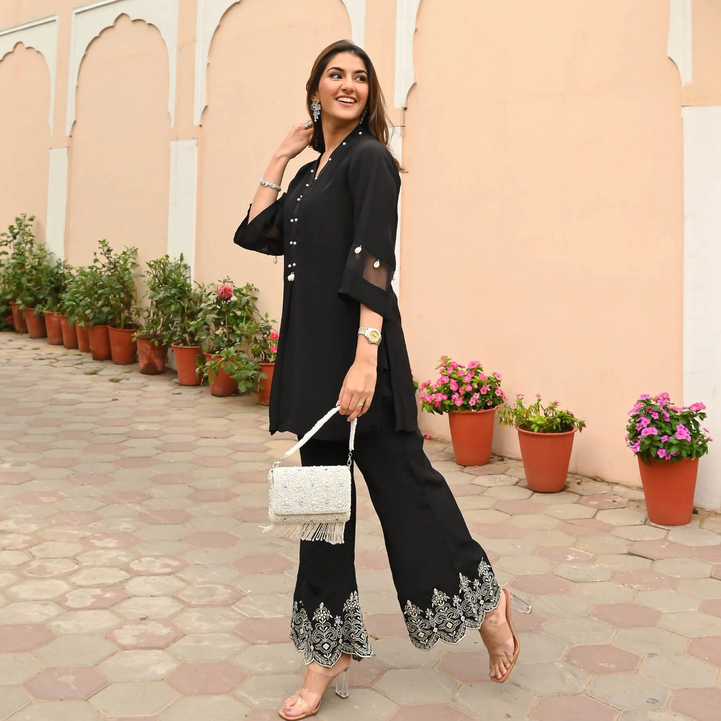 Maabetii Black Embroider V Neck Rayon Kurta Pants Coord Set