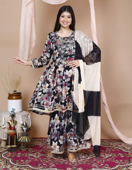 Maabetii Black Embroider Work Rayon Peplum Sharara Suit Set