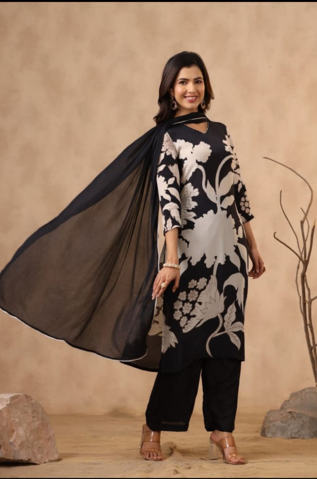 Maabetii Black Floral Digital Printed Crepe Silk Straight Suit Set