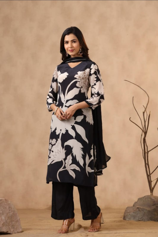 Maabetii Black Floral Digital Printed Crepe Silk Straight Suit Set