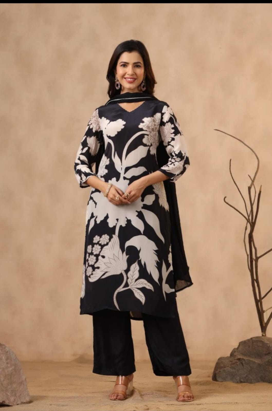 Maabetii Black Floral Digital Printed Crepe Silk Straight Suit Set