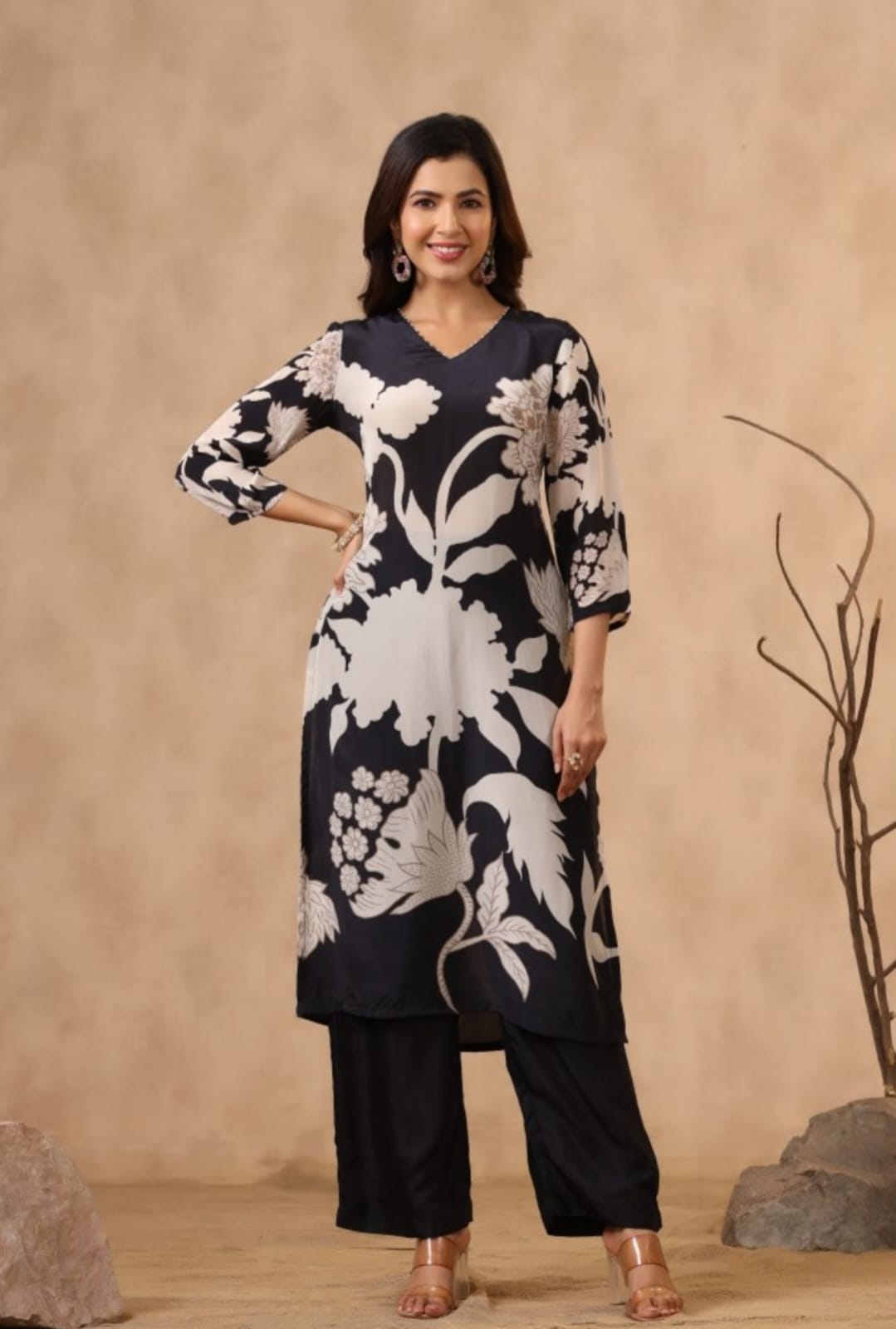 Maabetii Black Floral Digital Printed Crepe Silk Straight Suit Set