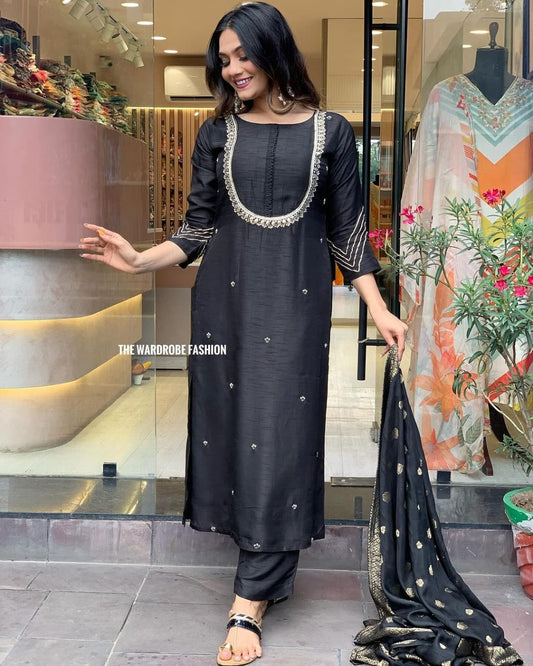 Maabetii Black Handwork Rayon Straight Suit Set