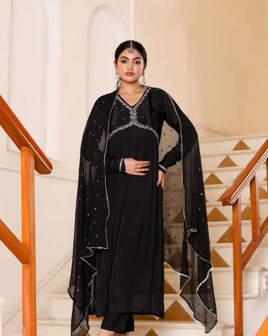 Maabetii Black Sequence Embroider Chinnon Alia Cut Anarkali Suit Set