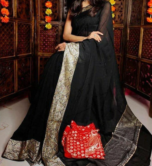 Maabetii Black Zari Work Organza Plain Saree