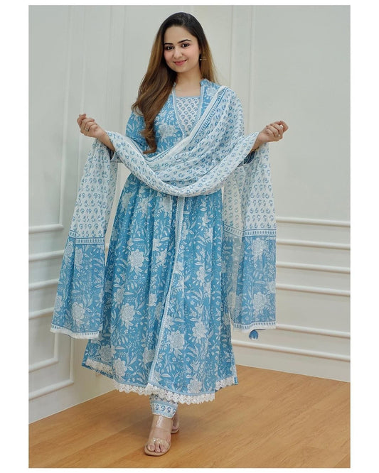 MaaBetii Blue Cotton A Line Suit Set with Matching Pant and Dupatta