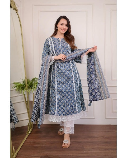 Maabetii Blue Cotton Embroidery Pakistani Look A line Suit Set