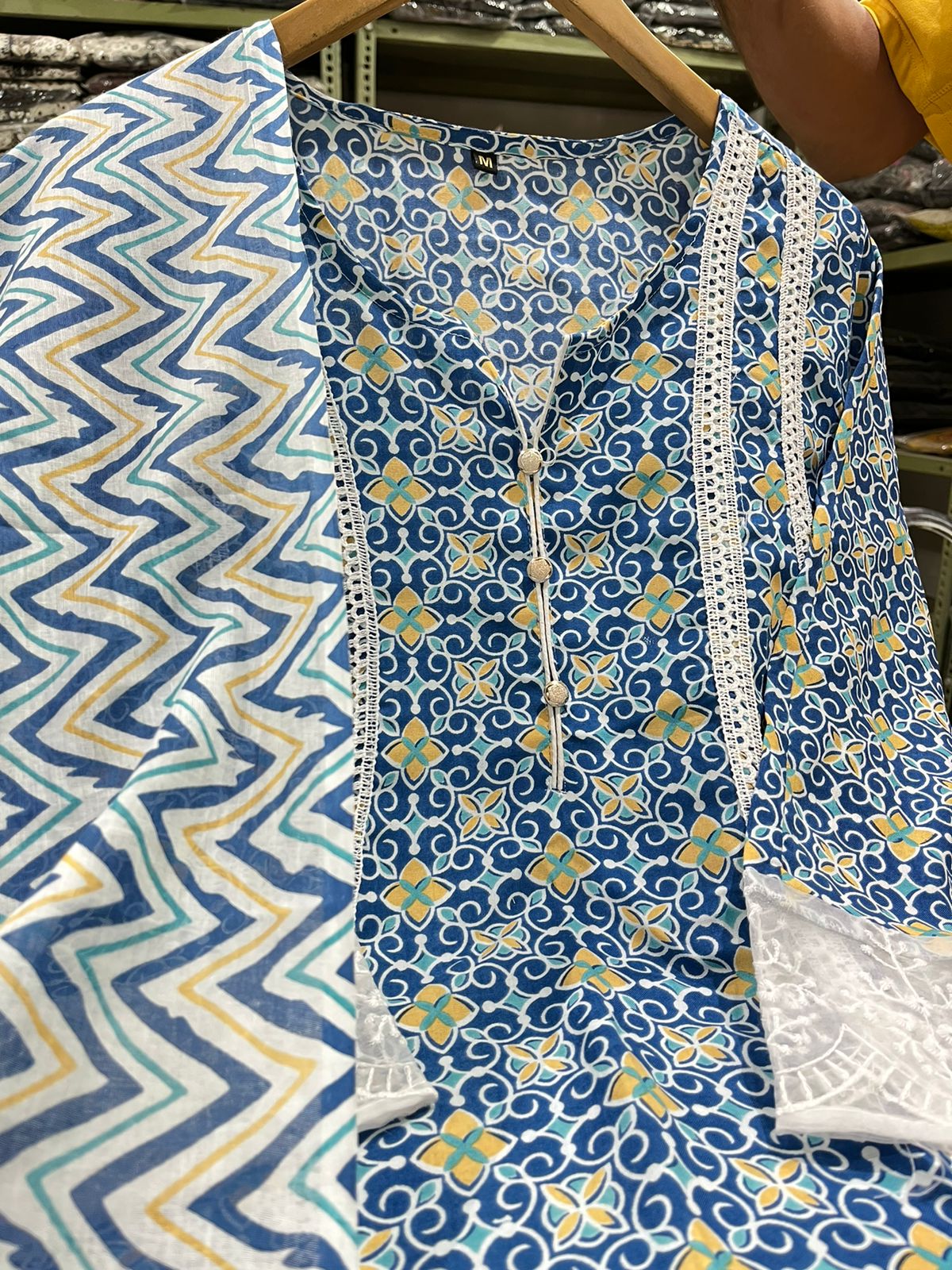 Maabetii Blue Cotton Embroidery Pakistani Look A line Suit Set