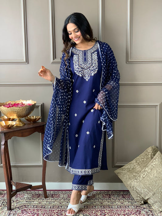 Maabetii Blue Embroider High Quality Rayon Straight Suit Set