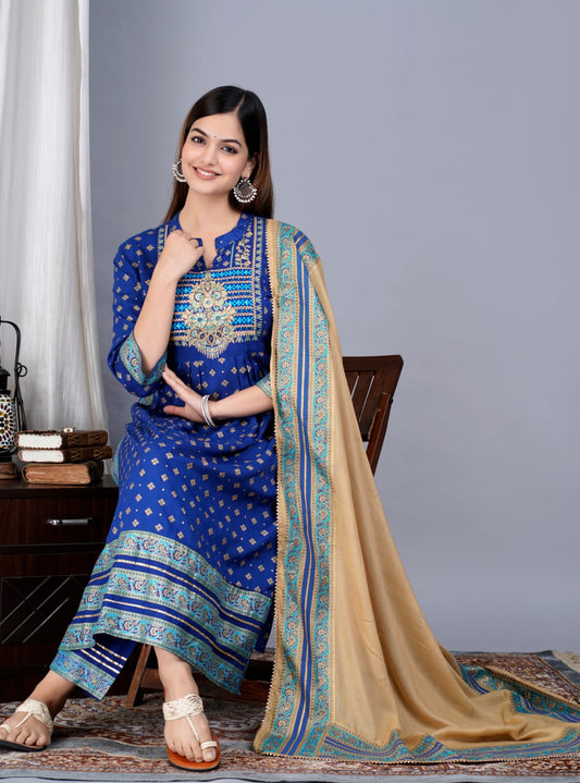 Maabetii Blue Embroider Printed Rayon Naira Cut Suit Set