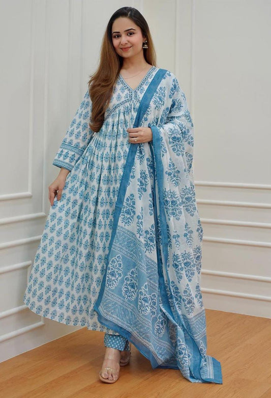 MaaBetii Sky Blue Floral Alia Cut Suit Set