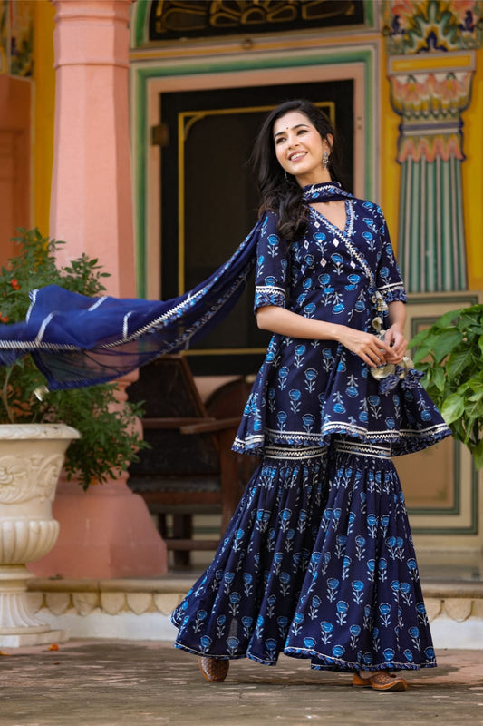 Maabetii Blue Floral Cotton Angarkha Peplum Suit Set