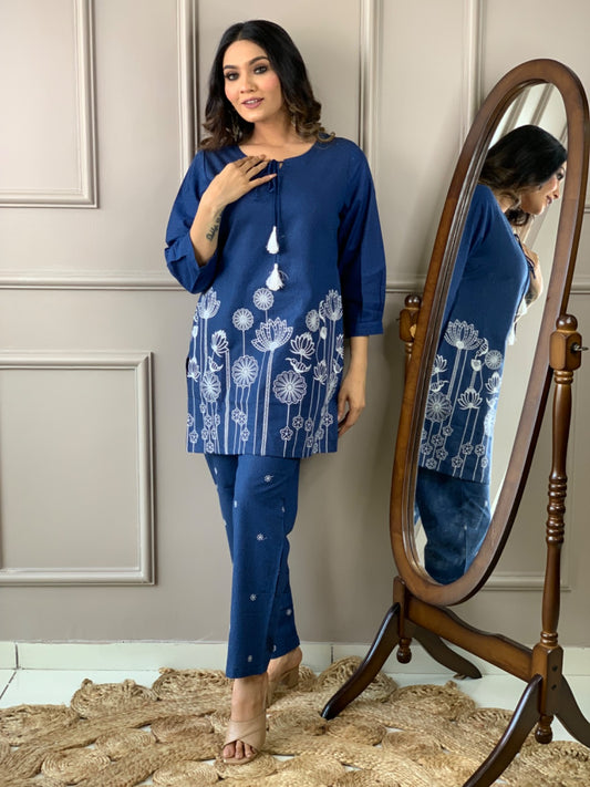 Maabetii Blue Floral Embroider Cotton Kurta Pant Coord Set