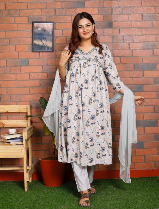 Maabetii Blue Floral printed Embroider Alia Style Cotton Suit Set