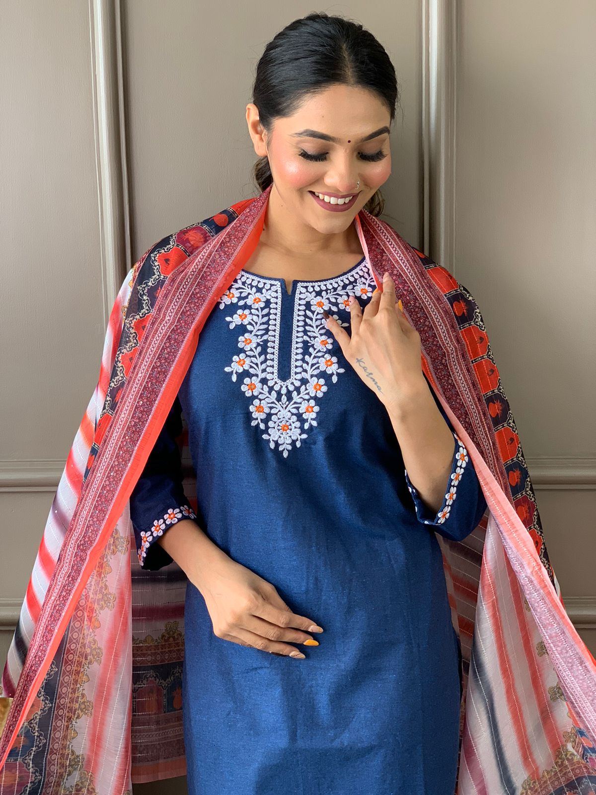 Maabetii Blue Floral Thread Embroidery Cotton Straight Suit Set