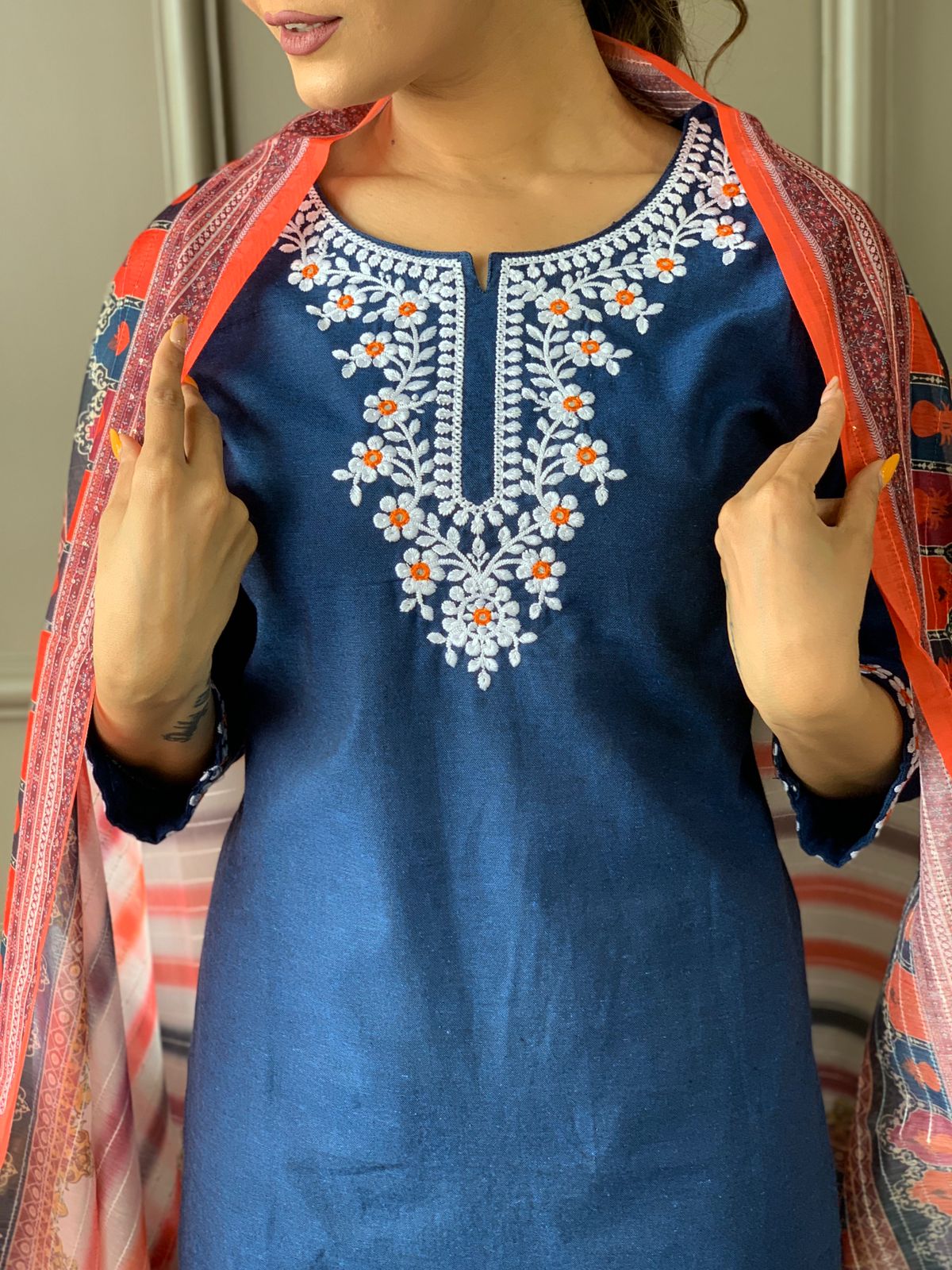 Maabetii Blue Floral Thread Embroidery Cotton Straight Suit Set