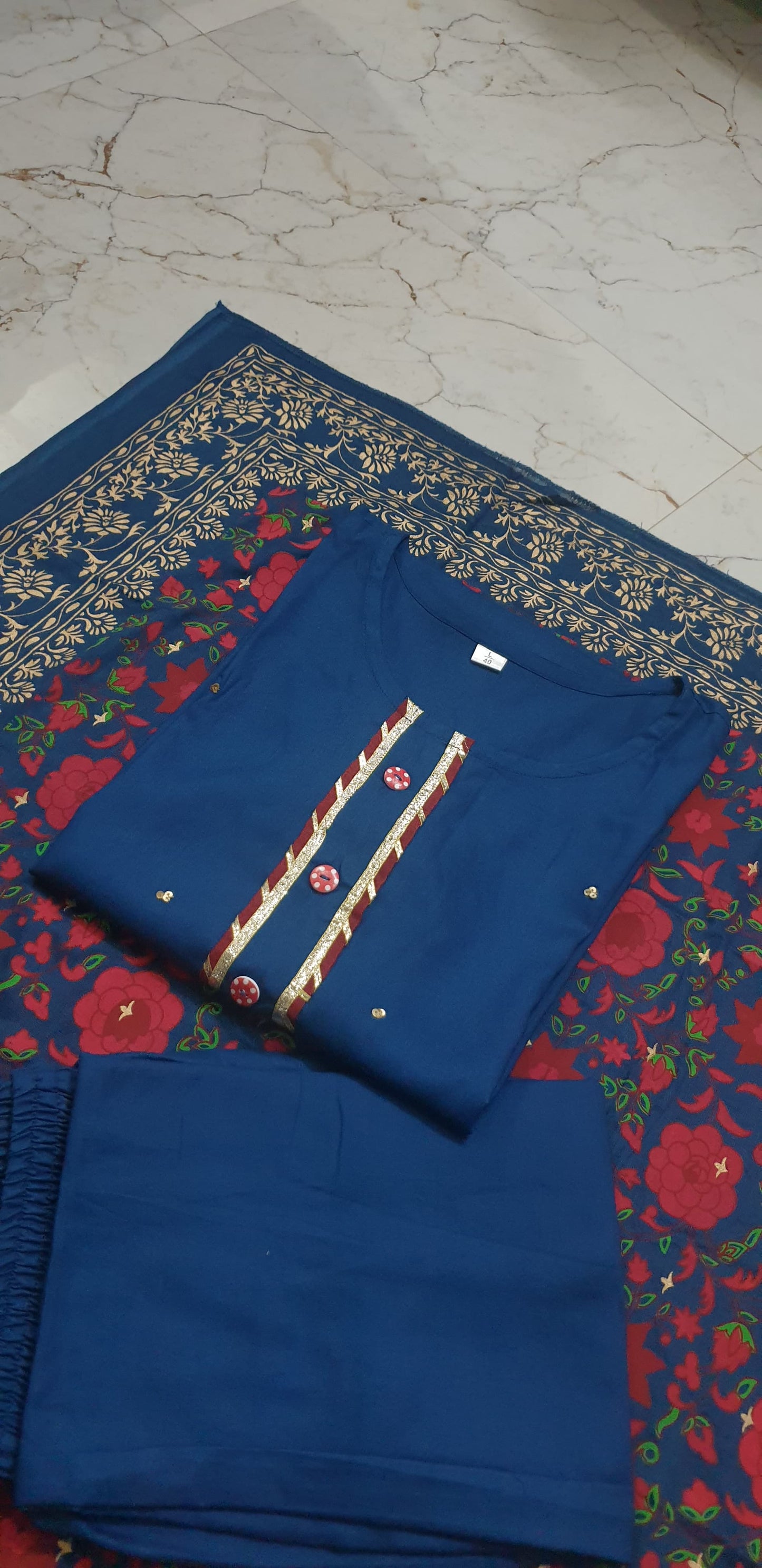 Maabetii Blue Heavy Adda Handwork Rayon Straight Suit Set