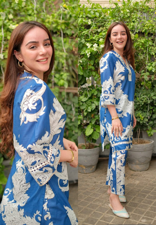 Maabetii Blue Jaipuri Printed Cotton Kurti Pant Coord Set